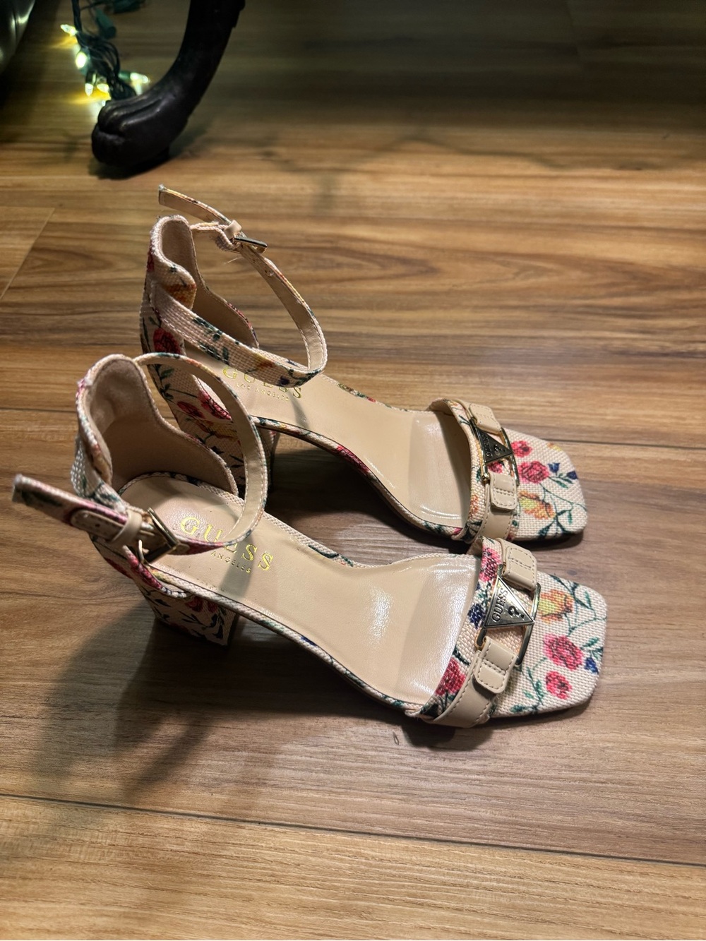 GUESS Los Angeles Brand Floral Multi-Color Ankle Strap Block Heels